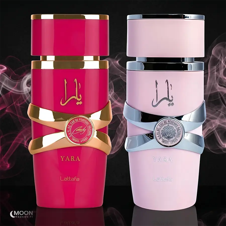 Anniversary set of Lattafa Yara and Yara Candy perfumes for women, showcasing the dual-toned 100ml collector bottles.
